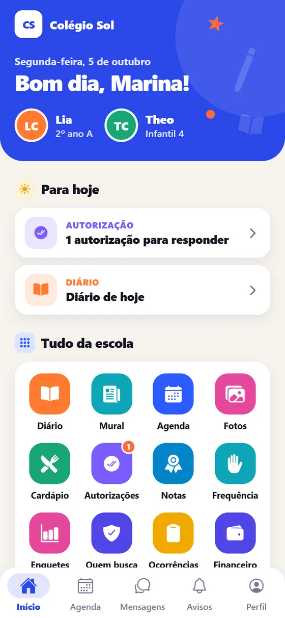 Início do app das famílias